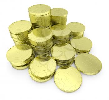 Business finance, financial success and wealth abstract creative concept: heap of gold dollar coins towers arranged in golden stack with small shadows isolated on white background close-up diagonal
