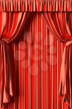 Red silk theater curtain with gathers under the lights