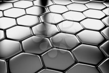 Steel hexagons flooring metal surface diagonal view shiny abstract industrial background