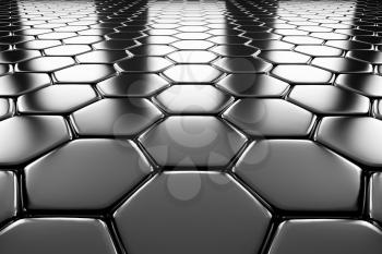 Steel hexagons flooring metal surface perspective view shiny abstract industrial background