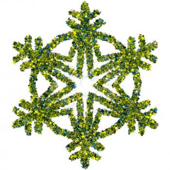 Decorative snowflake made of colored foil stars confetti isolated on white background