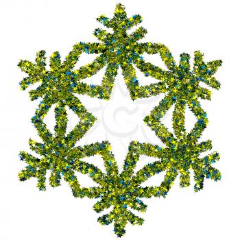 Decorative snowflake made of colored foil stars confetti isolated on white background