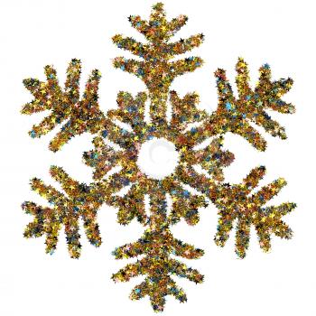 Decorative snowflake made of small colored foil stars confetti isolated on white background