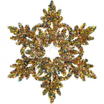 Decorative snowflake made of small colored foil stars confetti isolated on white background