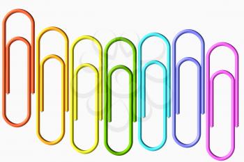 Colored paperclips laid out in the shape of wave, clips set isolated on white background