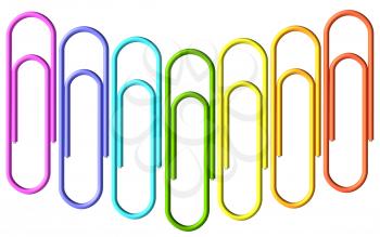 Colored paperclips laid out in the shape of wave, clips set isolated on white background