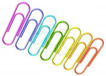Colored paperclips laid out in a line isolated on white background diagonal view