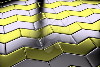 Steel with gold blocks in shape of arrows flooring metal surface diagonal view shiny abstract industrial background