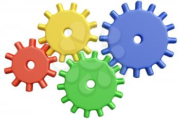 Preschool technical education concept: colorful plastic toy cogwheels construction isolated on white background, 3D illustrarion