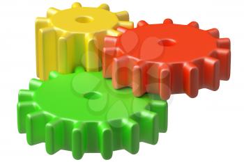 preschool technical education concept: colorful plastic toys cogwheels construction isolated on white background 3D illustrarion