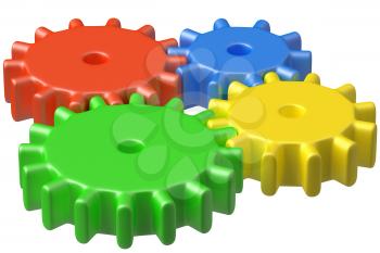 Preschool technical education concept: bright colorful plastic toys cogwheels construction isolated on white background, 3D illustrarion