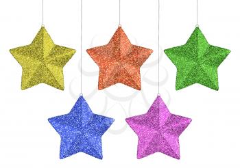 Christmas stars hanging on strings set isolated on white background