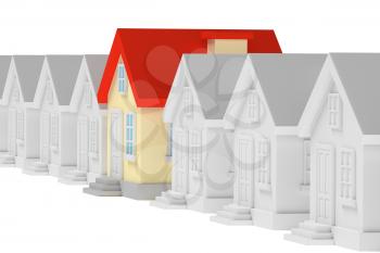 Uniqueness, individuality, real estate business creative concept - funny colorful unique house standing in row of gray ordinary houses, 3d illustration