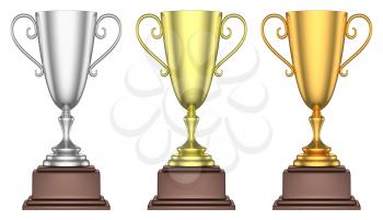 Sports winning and championship and competition success symbol - golden, silver and bronze trophy cups isolated on white background, 3d illustration, set