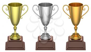 Sports winning and championship and competition success symbol - set of golden, silver and bronze trophy cups isolated on white background, 3d illustration