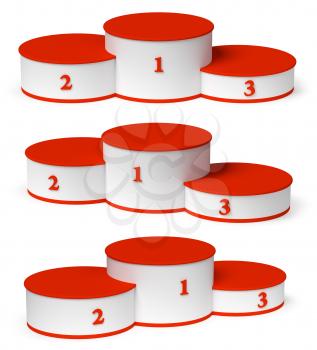Sports winning and championship and competition success symbol - round sports pedestal, white winners podium with empty red first, second and third places, isolated on white, 3d illustration set.