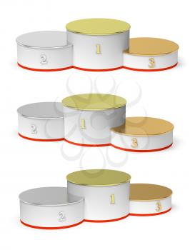 Sports winning and championship and competition success symbol - round sports pedestal, white winners podium with empty golden first, silver second and bronze third places, isolated on white, 3d illus