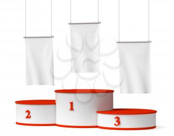 Sports winning and championship and competition success symbol - round sports pedestal, winners podium with empty red first, second and third places and blank white flags, 3d illustration, diagonal vi
