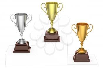Sports winning and championship and competition success concept - golden, silver and bronze winners trophy cups isolated on the imaginary winners podium drawn by gray contour lines, 3d illustration, t