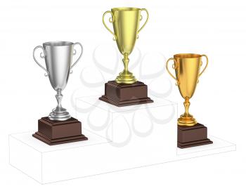 Sports winning and championship and competition success concept - golden, silver and bronze winners trophy cups isolated on the imaginary winners podium drawn by gray contour lines, 3d illustration, d