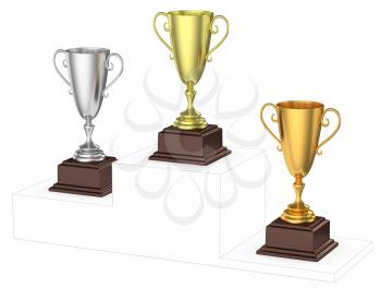 Sports winning and championship and competition success concept - golden, silver and bronze winners trophy cups isolated on the imaginary winners podium drawn by gray contour lines 3d illustration dia