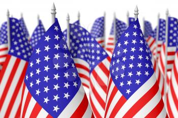 Many small american flags with stars and stripes isolated on white background. Independence Day 4th of July, Veterans Day and Memorial Day celebration in USA concept, 3d illustration, selective focus,