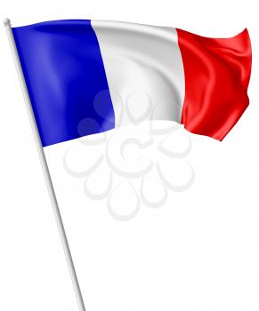 National flag of France with flagpole flying and waving in the wind isolated on white, 3d illustration