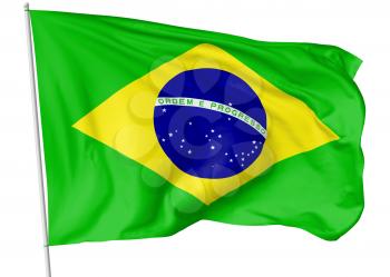 National flag of Federative Republic of Brazil with flagpole flying and waving in the wind isolated on white, 3d illustration