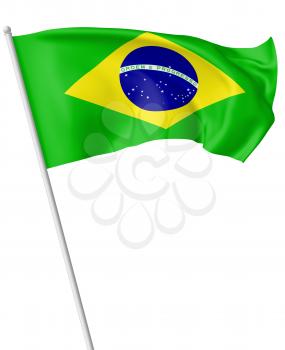 National flag of Federative Republic of Brazil on flagpole flying and waving in the wind isolated on white, 3d illustration