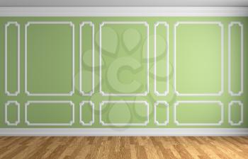 Simple classic style interior illustration - light green wall with white decorative frame on the wall in classic style empty room with wooden parquet floor with white baseboard, 3d illustration interi