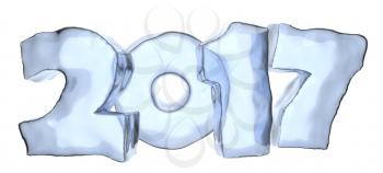 Happy New Year 2017 sign text written with numbers made of clear blue ice isolated on white, Happy New Year 2017 winter symbol, 3d illustration