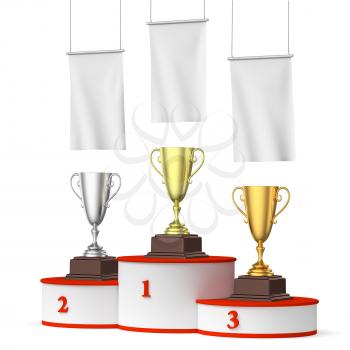 Sports winning, competition and championship success concept - three winners trophy cups on round sports pedestal, white winners podium with red stairs and blank white flags, 3d illustration, right