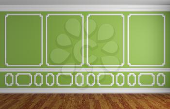 Simple classic style interior illustration - green wall with white decorative elements on the wall in classic style empty room with wooden parquet floor with white baseboard, 3d illustration interior
