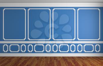 Simple classic style interior illustration - blue wall with white decorative elements on the wall in classic style empty room with wooden parquet floor with white baseboard, 3d illustration interior