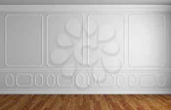 Simple classic style interior illustration - white wall with white decorative elements on the wall in classic style empty room with wooden parquet floor with white baseboard, 3d illustration interior