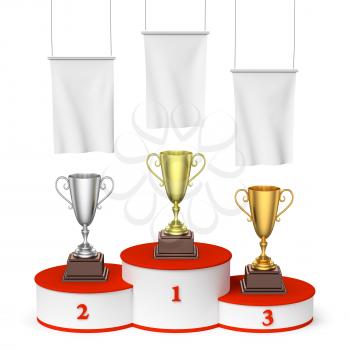 Sports winning, competition and championship  success concept - three winners trophy cups on round sports pedestal, white winners podium with red stairs and blank white flags, 3d illustration