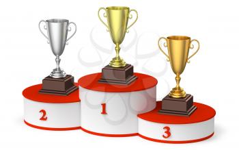 Sports winning, championship and competition success concept - golden, silver and bronze winners trophy cups on round sports pedestal, white winners podium with red stairs, diagpnal, 3d illustration