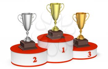 Sports winning, competition and championship success concept - golden, silver and bronze winners trophy cups on round sports pedestal, white winners podium with red stairs, 3d illustration