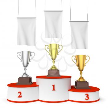 Sports winning, championship and competition success concept - three winners trophy cups on round sports pedestal, white winners podium with red stairs and blank white flags, 3d illustration