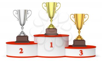 Sports winning and championship and competition success concept - golden, silver and bronze winners trophy cups on the round sports pedestal, white winners podium with red stairs 3d illustration.