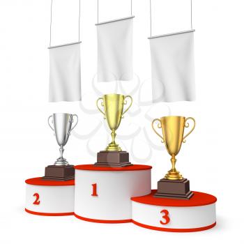 Sports winning, championship and competition success concept - three winners trophy cups on round sports pedestal, white winners podium with red stairs and blank white flags, 3d illustration, right