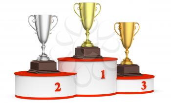 Sports winning and championship and competition success concept - golden, silver and bronze winners trophy cups on round sports pedestal, white winners podium with red stairs 3d illustration