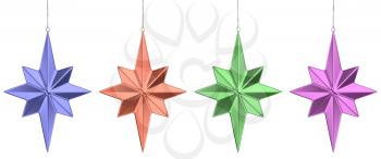 Colored christmas star decoration hanging on a narrow silver ribbon isolated on white background set