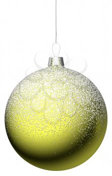 Yellow christmas ball hanging on the narrow silver ribbon isolated on while background