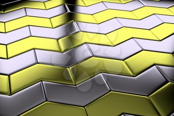 Metal with gold blocks in shape of arrows flooring metal surface diagonal view shiny abstract industrial background