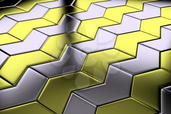 Diagonal view of steel with gold blocks in shape of arrows flooring, metal surface shiny abstract industrial background