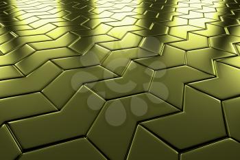 Golden arrow blocks flooring diagonal perspective view shiny abstract industrial background
