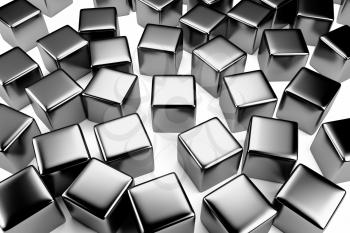 Uniqueness and identity concept: steel cube surrounded by a crowd of the same scattered steel cubes