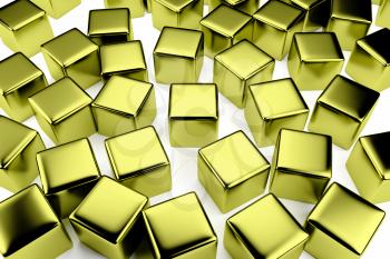 uniqueness and identity concept: golden cube surrounded by a crowd of the same scattered gold cubes
