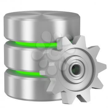 Data processing concept icon: Database with green elements and metal cogwheel isolated on white background